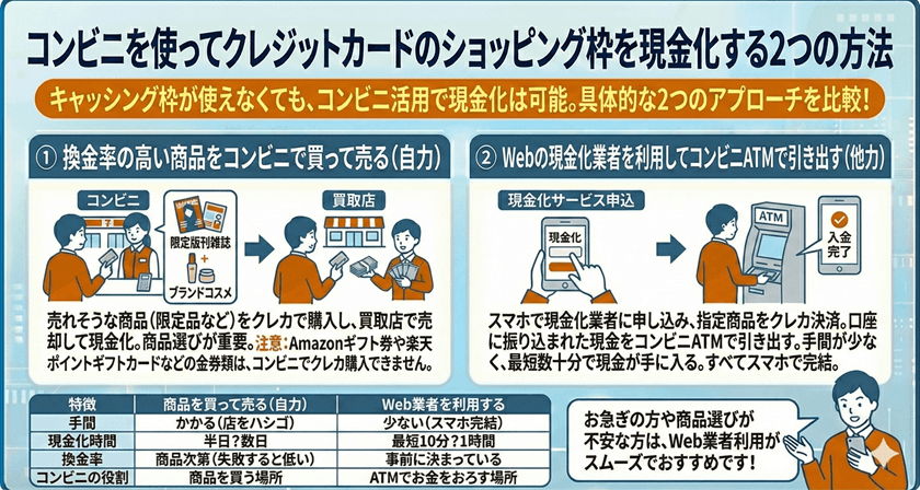 コンビニを使ってクレジットカードのショッピング枠を現金化する2つの方法