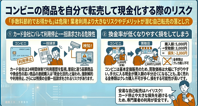コンビニの商品を自分で転売して現金化する際のリスク