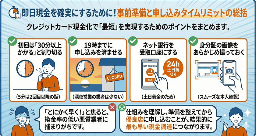 即日現金を確実にするために！事前準備と申し込みタイムリミットの総括