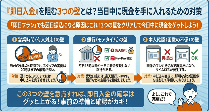 「即日入金」を阻む3つの壁とは？当日中に現金を手にいれるための対策