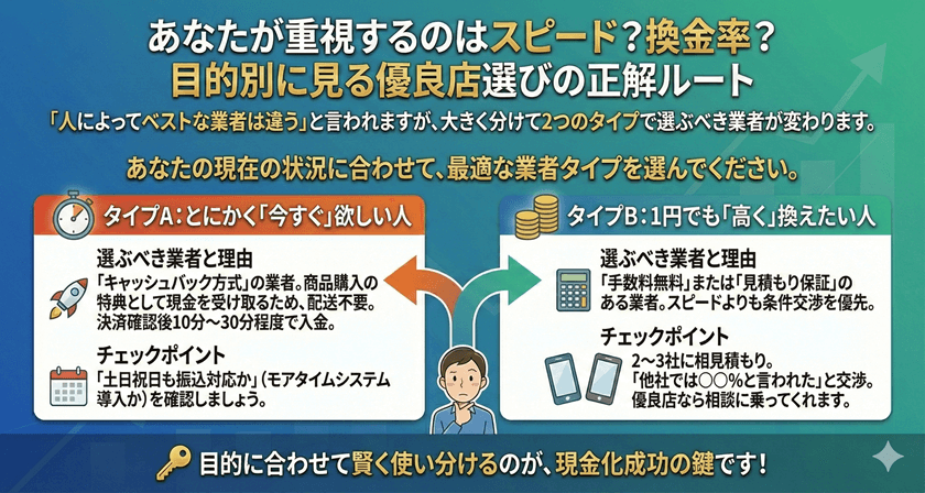 あなたが重視するのはスピード？換金率？目的別に見る優良店選びの正解ルート