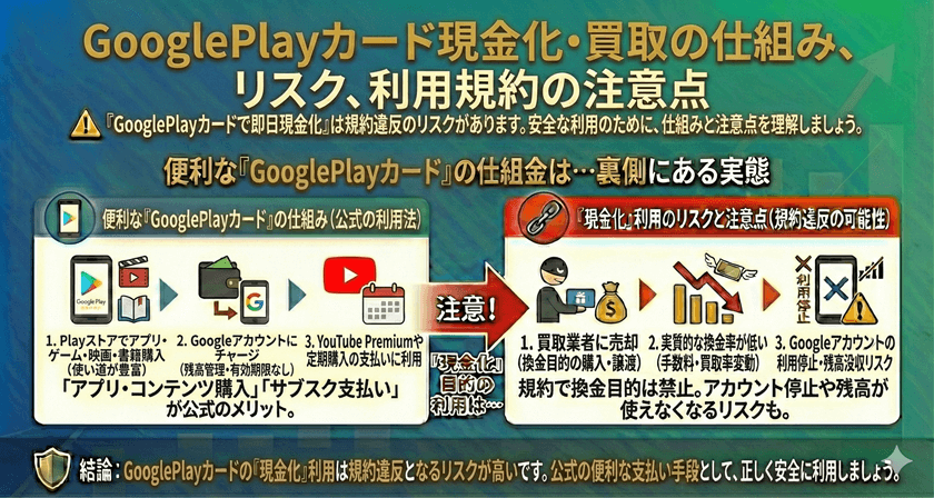GooglePlayカード現金化・買取の仕組み、リスク、利用規約の注意点