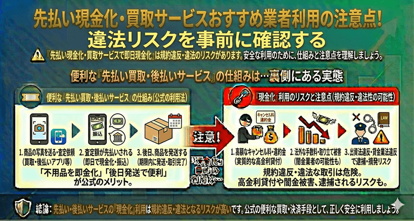先払い現金化・買取サービスおすすめ業者利用の注意点！違法リスクを事前に確認する
